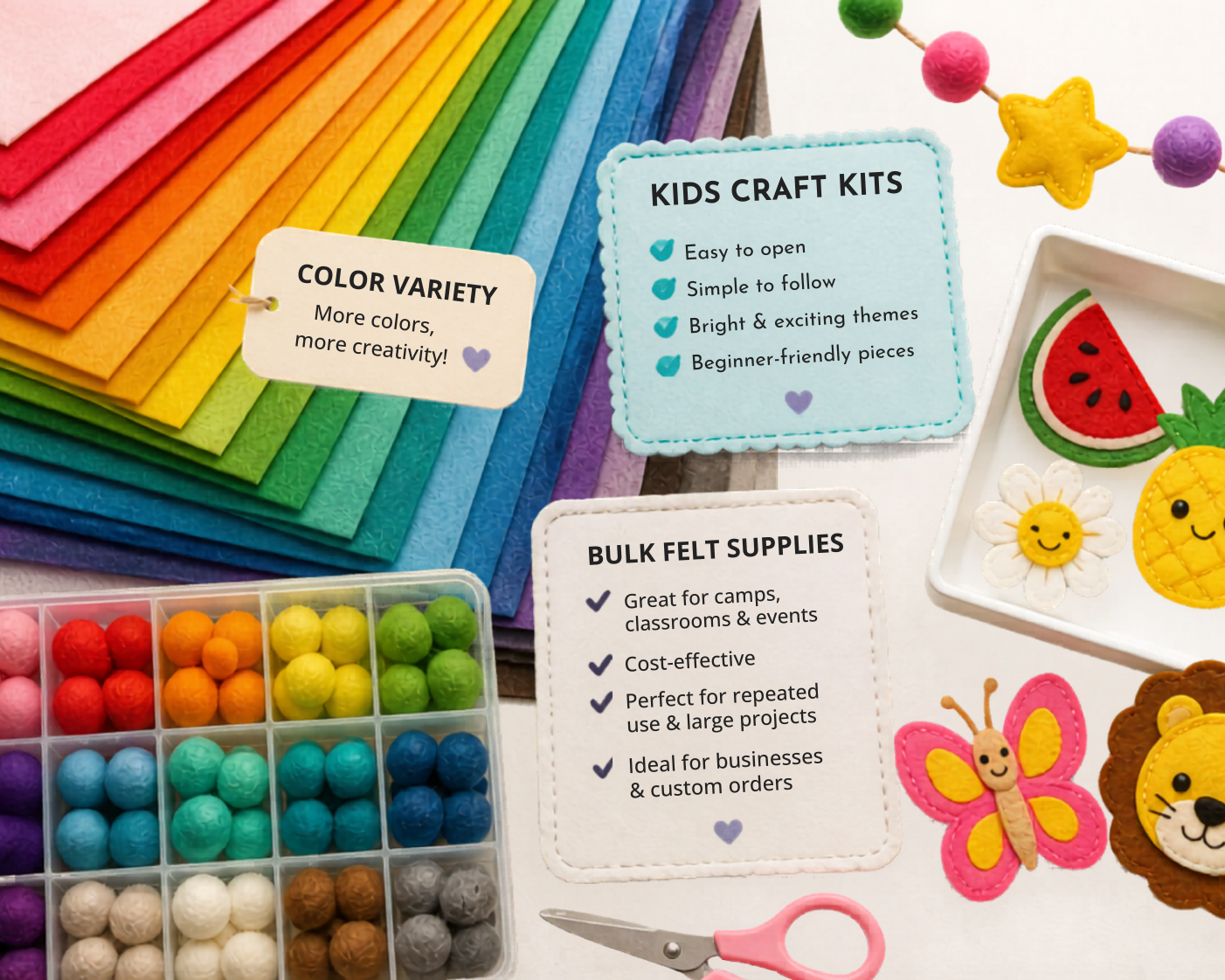 Neatly arranged felt sheets in many colors with a few sample projects